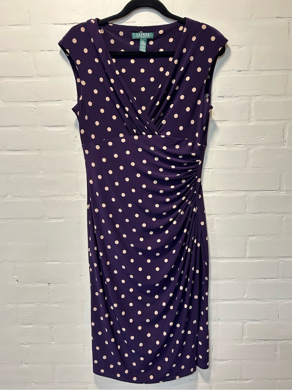 Lauren Ralph Lauren Purple Polka Dot Ruched Faux Wrap Dress Classic Retro Chic 8